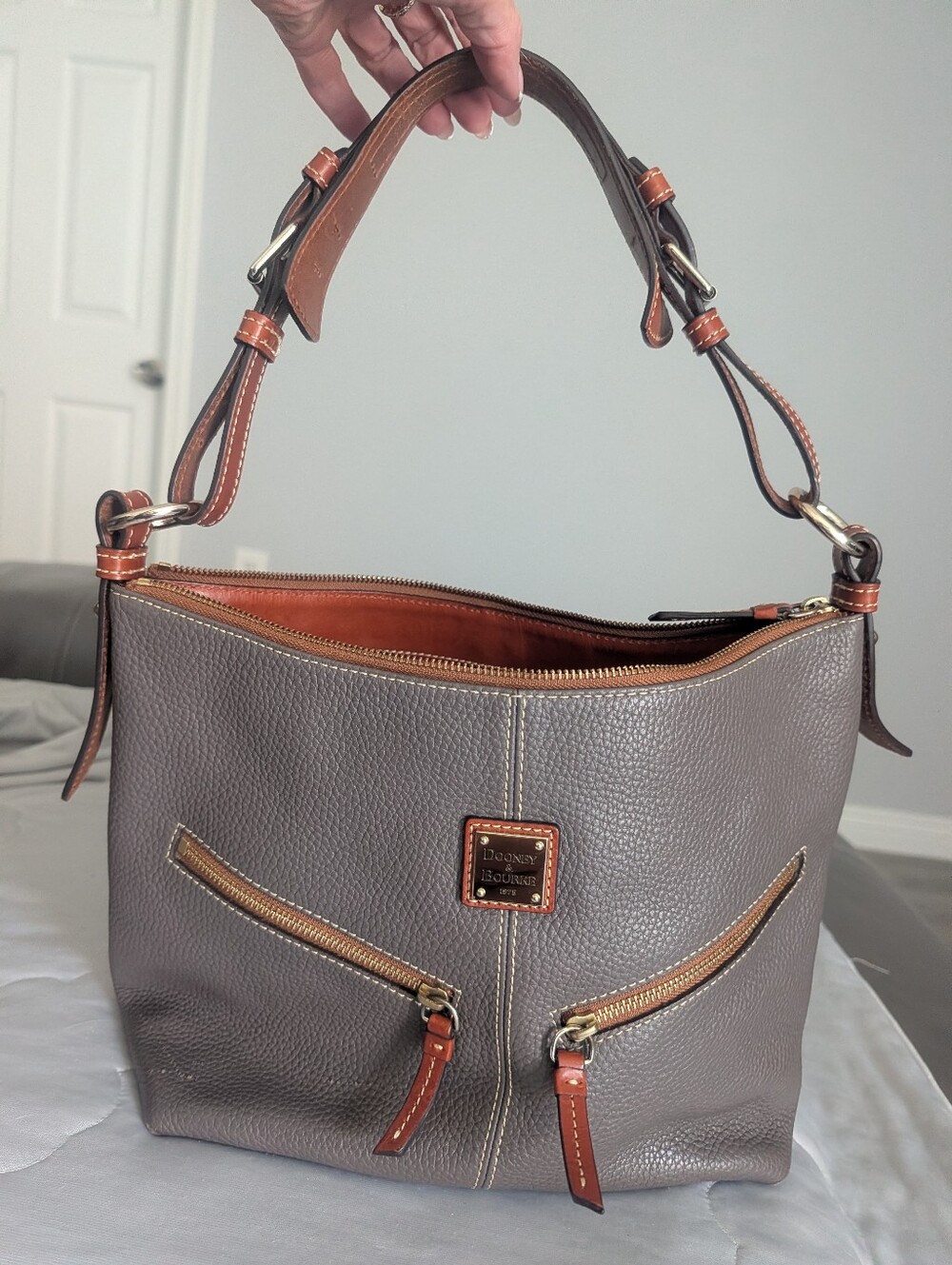 Dooney & Bourke Gray Pebbled Leather Shoulder Bag with Brown Trim